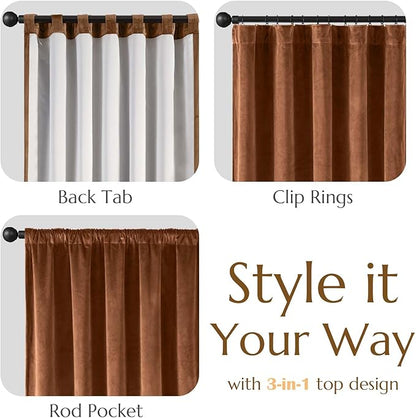 Lazzzy Burnt Orange Blackout Velvet Curtains 96 Inches Long Thermal Insulated Room Darkening Curtain Drapes Luxury Back Tab Window Treatments for Bedroom Living Room 2 Panels, 52 x 96 Inch, Caramel