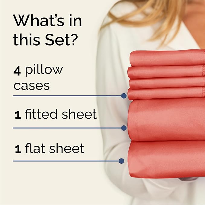 Cal King 6 Piece Sheet Set - Cooling, Comfy & Breathable - Hotel Luxury Bedding, Includes Fitted Sheet for Women, Men, Kids & Teens - 1 Flat, 1 Fitted Sheet, 4 Pillowcases with Deep Pockets - Coral