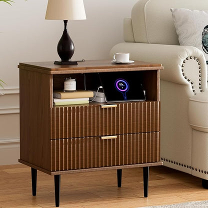 Modern Nightstand with Charging Station, 2-Drawer Fluted Wood Bedside Table with USB, Type-C & AC Outlets, Metal Legs, Perfect for Your Bedroom (Walnut, 23.3)