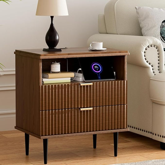 Modern Nightstand with Charging Station, 2-Drawer Fluted Wood Bedside Table with USB, Type-C & AC Outlets, Metal Legs, Perfect for Your Bedroom (Walnut, 23.3)
