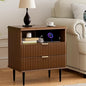 Modern Nightstand with Charging Station, 2-Drawer Fluted Wood Bedside Table with USB, Type-C & AC Outlets, Metal Legs, Perfect for Your Bedroom (Walnut, 23.3)
