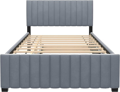 Full Bed Frame with Trundle Bed,Velvet Upholstered Platform Bed Frame,Full Size Trundle Bed with Headboard for Kids Teens Adults(Gray)