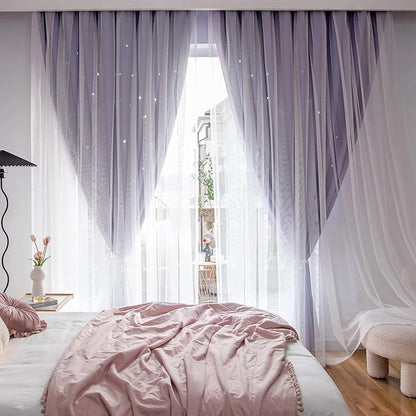 Stars Curtains for Kids, Double Layer Curtains, Blackout Curtains for Bedroom, Kids Curtains, Cute Curtains, Kids Blackout Curtains, Set of 2 Panels, Purple Curtains, 52 X 63 Inches