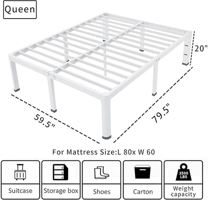 ROIL 20 Inch White Queen Bed Frame with Rounded Corner and Headboard Hole Mattress Retainers, 3500LBS Heavy Duty Steel Slats No Box Spring Needed Platform Noise-Free Easy Assembly