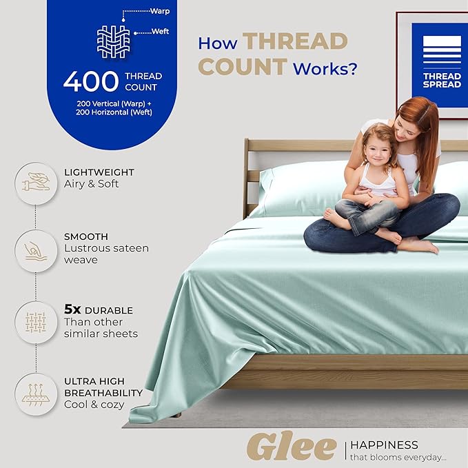 THREAD SPREAD 400 Thread Count King Cotton Sheets - 4 PC King Size Bed Sheet Set Cotton (Sea Foam), Soft, Cooling, Hotel-Quality 16" Deep Pocket Sateen Bedsheet for Hot Sleepers (Fits 18" Mattress)