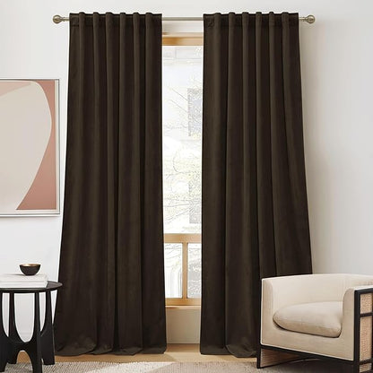 RYB HOME Brown Velvet Curtains 102 inches, Back Tab Soft Fabric Room Darkening Thermal Insulated Luxurious Home Decor Curtains for Living Room Bedroom, W 52" x L 102", 2 Panels Set