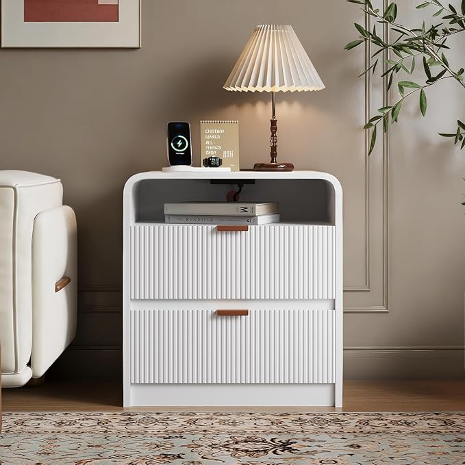 24” Fluted Nightstand Set of 2, Modern Bedside Table with Charging Station, Curved Profile Design, Wooden End Table with Storage for Bedroom, Living Room, White