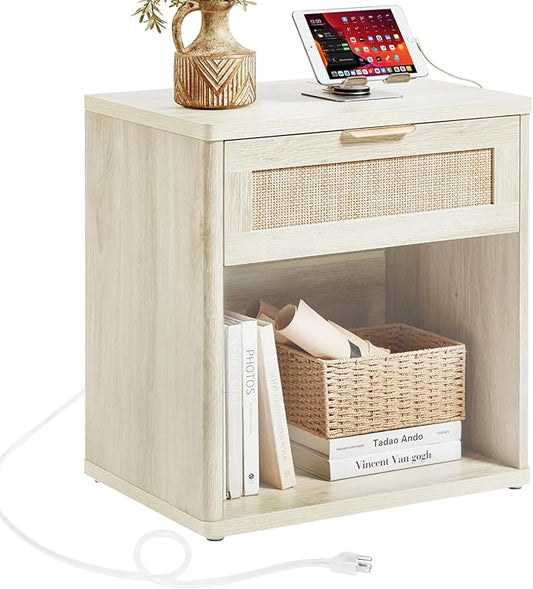 LEYAOYAO Rattan Nightstand with Charging Station, Grey White Night Stand with Drawer, 23" Wide Boho Bedside Table with Storage Shelf, Bed Side End Tables for Bedroom, Living Room, Hallway