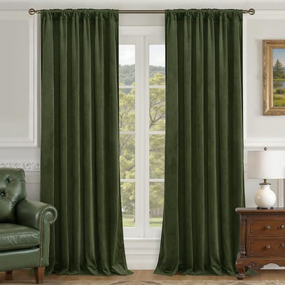 LAMIT Olive Green Velvet Curtains for Living Room 102 Inch Length, Room Darkeing Blackout Panels Luxury Thermal Insulated Back Tab and Rod Pocket Window Drapes for Bedroom, 2 Panels, 52 x 102 Inch