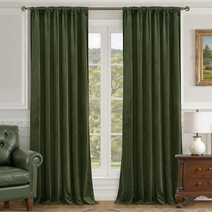 LAMIT Olive Green Velvet Curtains for Living Room 96 Inch Length, Luxury Thermal Insulated Blackout Panels Room Darkening Back Tab and Rod Pocket Window Drapes for Bedroom, 2 Panels, 52 x 96 Inch