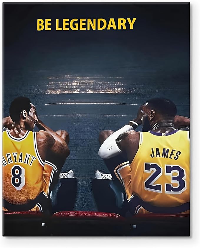 Kobe Bryant and LeBron James Canvas Wall Art Print Poster, Be Legendary Inspirational Sports Picture Artwork, Motivational Mamba Mentality Wall Decor for Home Office Gym Living Room, Framed 24x30inch