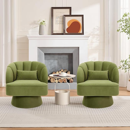 GarveeHome Modern Swivel Barrel Accent Chair, 360 Degree Velvet Upholstered Armchair with Striped Backrest & Plush Padding, Comfy Round Lounge Chair for Living Room, Bedroom, Reading Nook, Green