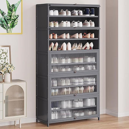 Bamboo Shoe Cabinet with Acrylic Door,10-Tier Shoe Storage Rack, 40-45 Pairs Freestanding Shoe Rack, Entrance Shoe Cabinet for Hallway Living Room