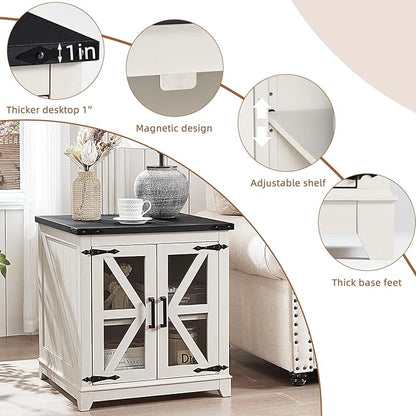 Farmhouse End Table Set 2, Narrow 18'' Night Stand with Glass Barn Door, 24" Square Side Table with Charger Station, Living Room Furniture Sets, Wood Nightstand Bedside Tables for Bedroom