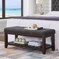 24KF Large Rectangular Upholstered Tufted Linen Ottoman Bench, Padded Bench with Solid Wood Shelf-Dark Gray