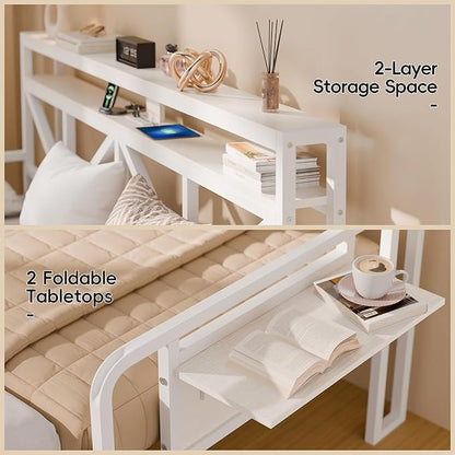 Daybed with Trundle, Heavy Duty Metal Twin Bed Frame with LED Lights & 2-Tier Storage Shelves, Sofa Day Bed with Charging Station & Tabletop for Living Room, Bedroom, Guest Room (White)