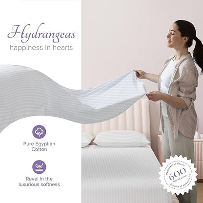 Carressa Linen Luxury Egyptian Cotton Queen Stripe Sheet Set - 600 Thread Count Extra Long Staple 4 PC Set, Crisp White Queen Damask Sheets, Soft, Cooling Sateen Weave Sheets Upto 18 in Deep Pocket