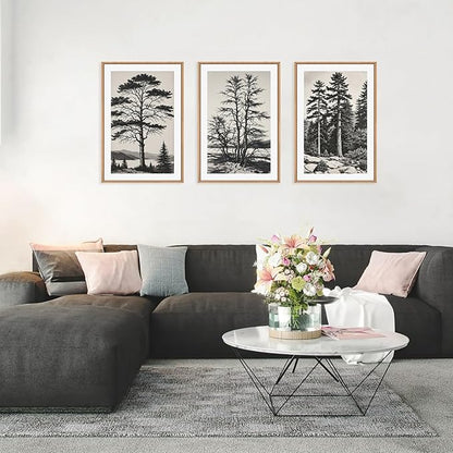 LHIUEM Large Vintage Sketch Tree Framed Wall Art Set,Antique Black and White Wall Decor,Nature Botanical Lake Artwork,Modern Wilderness Forest Art Prints for Living Room,Bedroom- 24"x36"x3