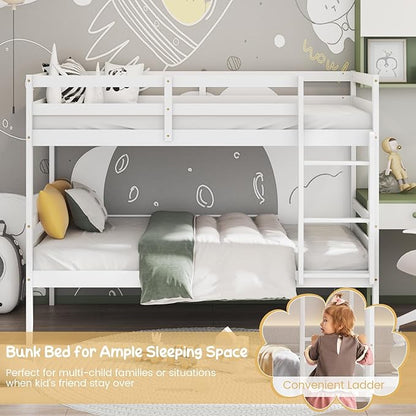 Giantex Bunk Bed Twin Over Twin White, Solid Wood Bunk Bed with Sturdy Ladder & 12 Inch Safety Guard Rails, Twin Size Wood Bed Frame for Dormitory, No Box Spring Needed, Bunk Beds for Kids Teens