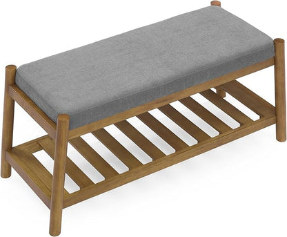 Upholstered Entryway Bench, Bedroom Bench for End of Bed, Dining Bench with Padded Seat for Kitchen, Living Room, Fabric Rubber Wood Indoor Bench (Grey)