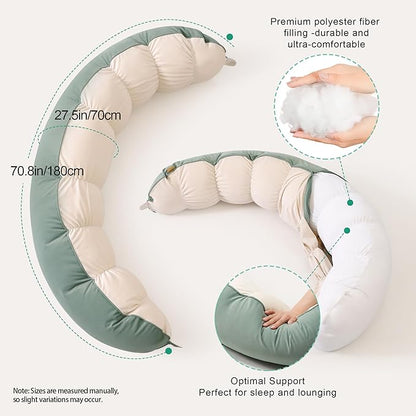 Peallow(Pat. Pend) – Long Round Body Pillow for Adults, Bolster Pillow for Sleeping, Soft and Supportive Pillow for Sleeping & Lumbar Support (Green-White, 59")