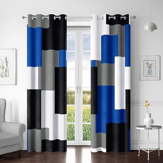 Royal Blue 100% Blackout Curtains for Bedroom 63 inch Long 2 Panels Set Navy Blue Modern Abstract Black Out Curtains Black Grey Insulated Room Darkening Window Drapes for Living Room, 52Wx63L