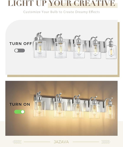 5 Light Bathroom Vanity Light, Brushed Nickel Vanity Lights for Morden Bathroom Lighting Fixtures Over Mirror Wall Light Fixtures with Clear Glass Shade ZCVL01BN-5