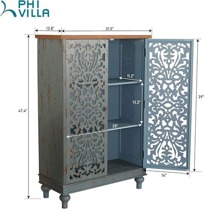 PHI VILLA Tall Accent Cabinet with Doors - Credenza for Living Room Farmhouse Storage Cabinet with Hollow Carved Door, 2 Door Accent Cabinets