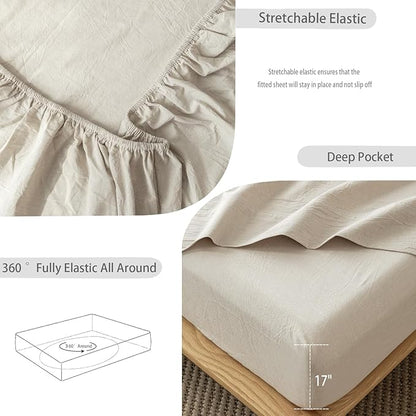MooMee Fitted Bottom Sheet Only 100% Washed Cotton Linen Like Textured Breathable Durable Soft Comfy Deep Pocket Fits Mattress up to 17" (Tannish Linen Grey, Queen)