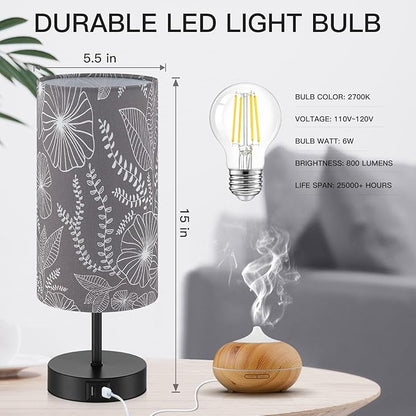 Bedside Table Lamp with 2 USB Ports, Modern Touch Control Desk Lamp with Round Flower Flaxen Fabric Shade, 3 Way Dimmable Small Nightstand Lamp for Bedrooms Living Room Dorm Gray Decor(Bulb Included)