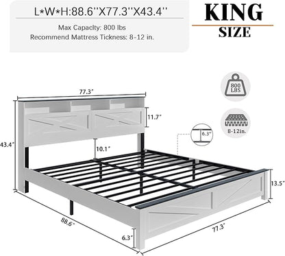 King Size Bed Frame with Wooden Storage Headboard, Farmhouse Platform Bedframe with LED Lights and Charging Station, Easy Assembly, No Box Spring Needed (White, King)