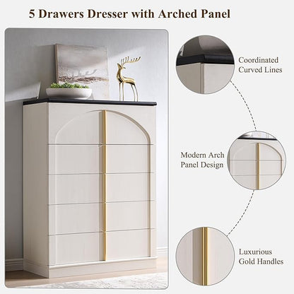 ACCOHOHO Modern 5 Drawers Dresser for Bedroom with Arched Panel,44" Tall Dresser for Closet with Metal Handles,Push-to-Open Wood Storage Closet Dressers Tv Stand for Living Room, Hallway,White
