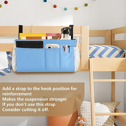 KOPIRIT Lake Blue Bedside Caddy Storage Bag Bedside Organizer for Dorm Room Top Bunk Bed Bedside Shelf Hanging Organizer 6 Pockets with Hooks for Glasses Book Tablet Holder