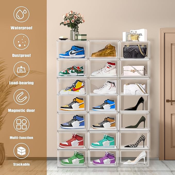 10 Pack Acrylic Shoe Boxes Stackable, Size 12 Clear Shoe Display Cases Plastic Shoe Container Boxes Sneaker Storage Bins