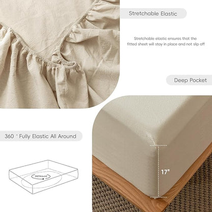 MooMee Fitted Bottom Sheet Only 100% Washed Cotton Linen Like Textured Breathable Durable Soft Comfy Deep Pocket Fits Mattress up to 17" (Almond Milk Grey, Twin)