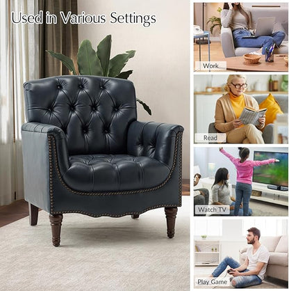 HULALA HOME Mid Century Modern Leather Club Chairs Set of 2, Top-Grain Genuine Leather Armchairs with Button-Tufted Back & Solid Wood Legs, Accent Chairs for Living Room/Bedroom/Home Office, Navy