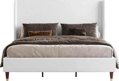 Jocisland Full Upholstered Platform Bed Frame with 51.2" Tall Wingback Headboard–Solid Wood Legs, No Box Spring Needed, White Linen–Modern Style for Any Bedroom