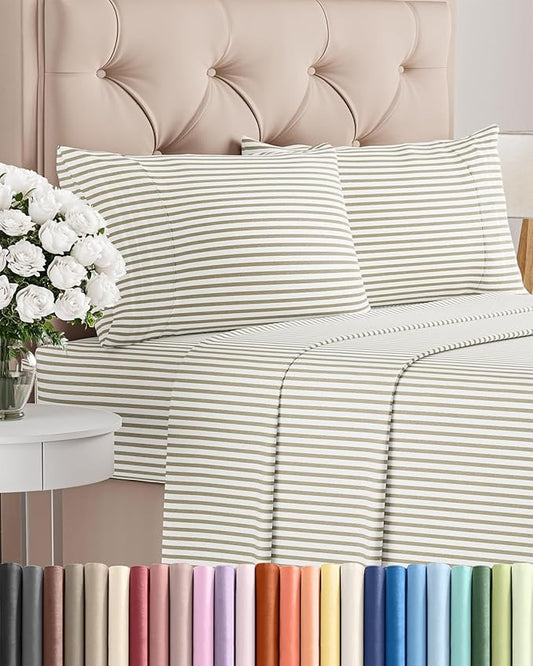 Twin XL 4 Piece Sheet Set - Cooling & Breathable - Hotel Luxury Bedding, Includes Fitted Sheet for Women, Men, Kids & Teens - 1 Flat, 1 Fitted Sheet, 2 Pillowcases with Deep Pockets - Beige Stripes