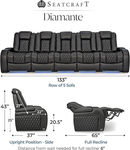 Seatcraft Diamante Zero-Gravity CoolZero Italian Leather Home Theater Seating, Power Headrest, Power Recline, Row of 5 Sofa, Black