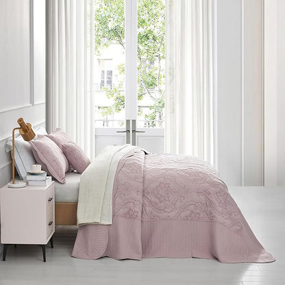 CHIXIN Bedspread Coverlet Quilt Set Full Size - Lightweight Bedding Cover - Beautiful Stitching - 5 Piece Reversible Bedspread - Gorgeous Damask Paisley Pattern (Full, Pale Rose)