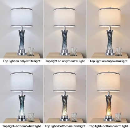 3-Way Dimmable Table Lamp Set of 2,Touch Control Lamp with Night Light,Modern Blue Crystal Table Lamps for Bedroom,Living Room，Bedside Lamps with USB A+C Ports，Fabric Lampshade(Blubs Included)