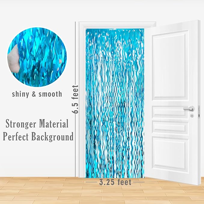 GOER 3.2 ft x 6.5 ft Metallic Tinsel Foil Fringe Curtains Party Photo Backdrop Party Streamers for Birthday,Graduation,New Year Eve Decorations Wedding Decor (1 Pack,Wavy Light Blue)