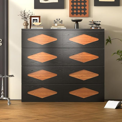 48.3'' Tall Dresser for Bedroom, 4 Chest of Wooden Deep Drawers, Vintage Dresser, Closet Storage Dressers Organizer for Bedroom, Living Room, Hallway (Black+Brown)