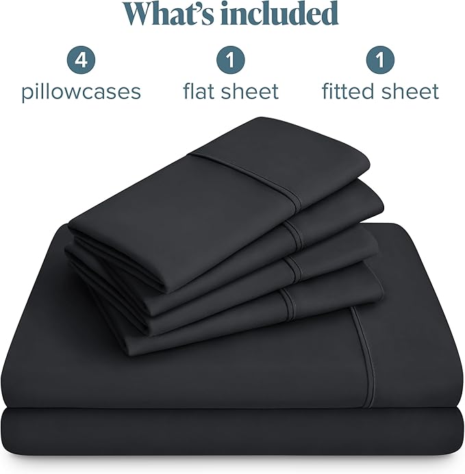 Bare Home Hotel Luxury Queen Sheet Set, Extra Soft - 6 Piece Set - Deep Pockets - Easy Fit - Cooling & Breathable - Wrinkle, Fade, Stain Resistant - Includes 4 Pillowcases (Queen, Black)