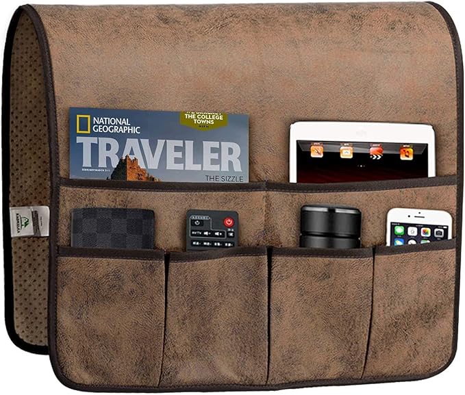 HAOMAIJIA Anti Slip Sofa Armrest Organizer Arm Chair Bedside Caddy Storage Organizer For Recliner Couch With 6 Pockets For Cell Phone Tv Remote Control Magazines (brown)