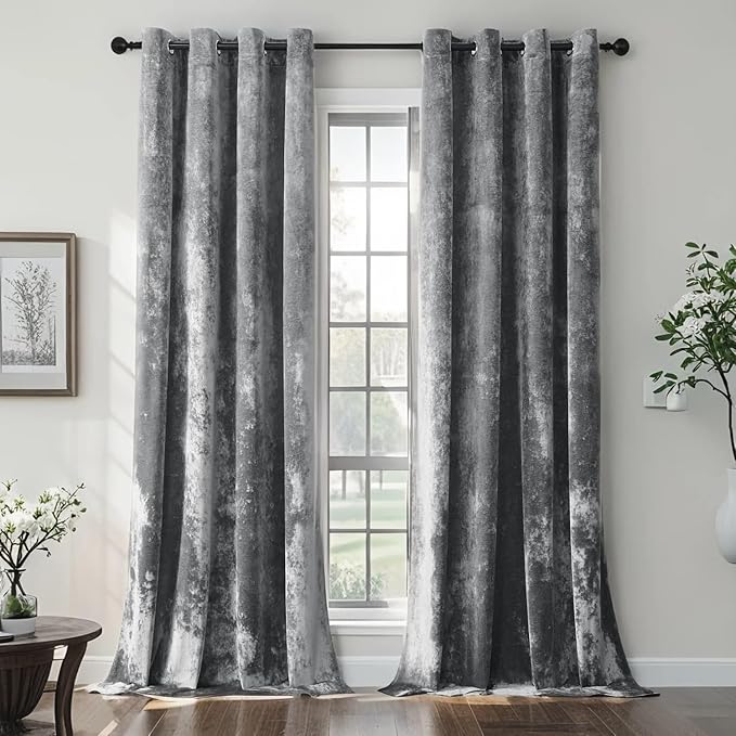 SMILETIME Grey Crushed Velvet Curtains 52x108 inch Luxurious Thermal Insulated Soundproof Drapes for Living Room Bedroom Office Soft and Durable Light-Filtering Window Treatments, 2 Panels