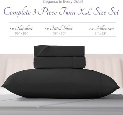 Carressa Linen 100% Egyptian Cotton Twin XL Sheets Set - 600 Thread Count Luxury Egyptian Cotton Sheets Twin XL Size (3 PC, Black), 16" Deep Pocket, Soft, Cooling, Sateen Weave Dorm Room Bedding
