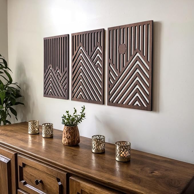 qmmp Modern Wooden Wall Sculptures - Set of 3 - Home Decor Accent - Large Wall Art for Living Room, Bedroom, Office - Easy Installation (Walnut, Medium - Mountain and Sun)