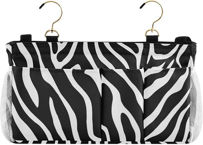 Bedside Caddy Hanging Bunk Bed Caddy Bed Organizer Hanging Pocket with 2 Hooks Bedside Storage Organizer Pocket Bag Holder White Black Zebra Print