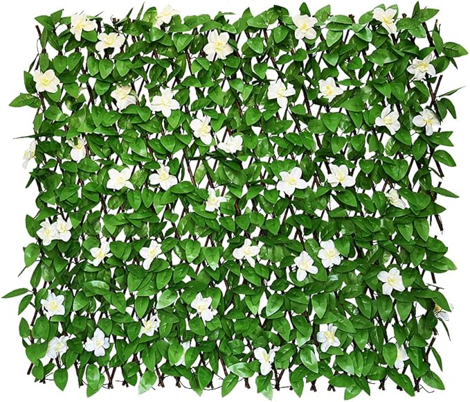 Sumery Expandable Fence Privacy Screen for Balcony Patio Outdoor,Decorative Faux Ivy Fencing Panel,Artificial Hedges (Single Sided Leaves) (4, White Flowers)